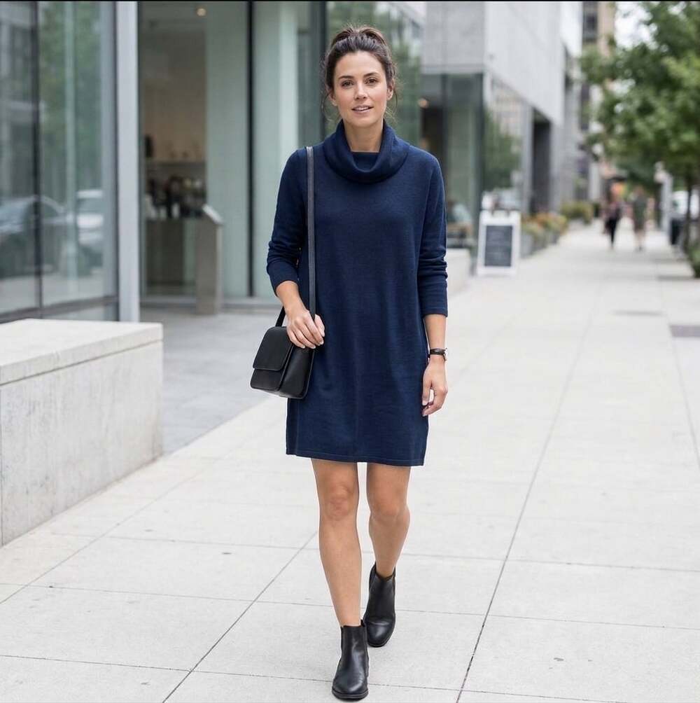 COS Funnel Neck Draped Tunic Dress Sz M Navy Black Quiet Luxury Scandi Chic